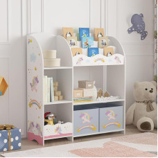 [en.casa] Lysekil Children's Bookcase with 2 Storage Boxes, Toy Shelf, 100 x 93 x 30 cm, Toy Storage, Unicorn Motif