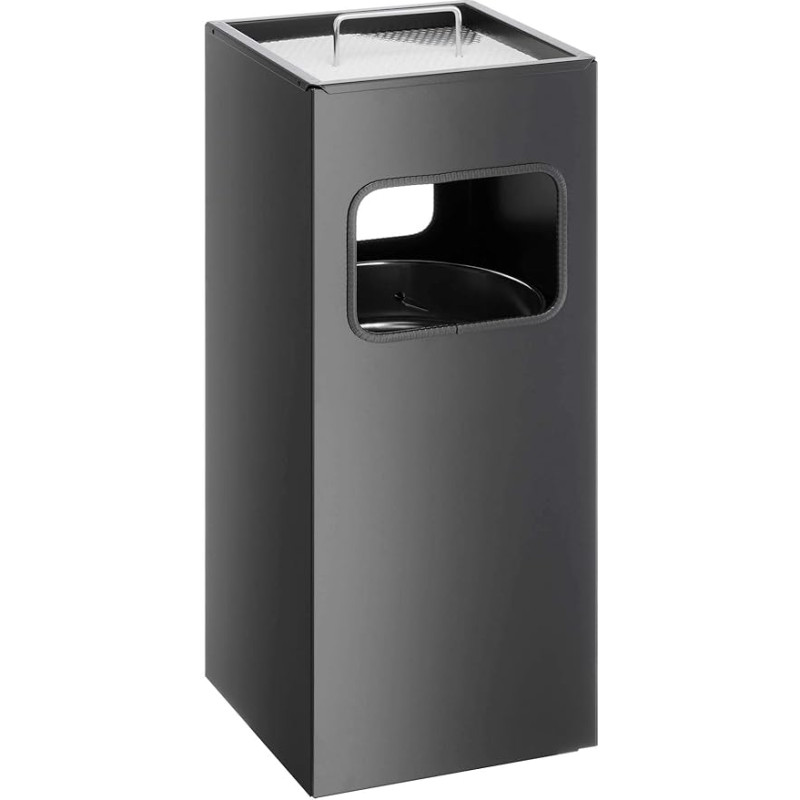 Patvari kvadratinė metalinė 17 l talpos šiukšliadėžė su 2 l pelenine - juoda/sidabrinė/medžio anglis