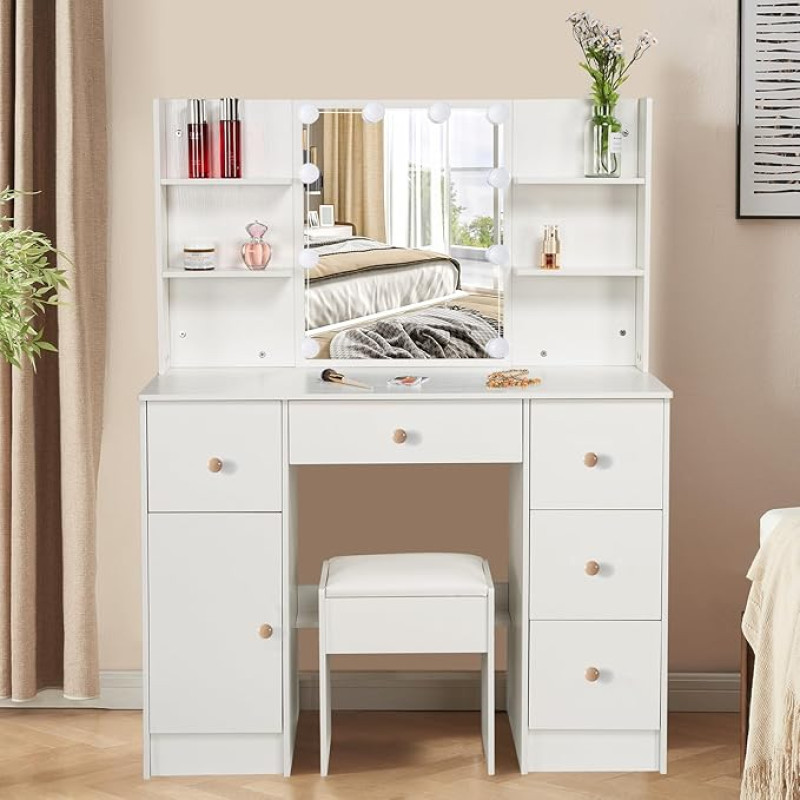 Buildonely Dressing Table with LED Lighting, 3 Colour Temperatures and Adjustable Brightness, Dressing Table with Mirror and Stool for Makeup, Cosmetic Table with 4 Shelves, 5 Drawers, Modern, White