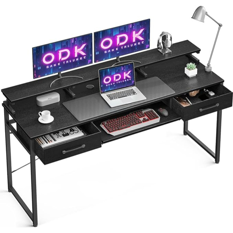 ODK Desk with 2 Drawers, Computer Desk with Keyboard Tray, Office Table, PC Table with Monitor Shelf, Height-Adjustable for Home Office (Black, 160 x 53 x 90 cm)
