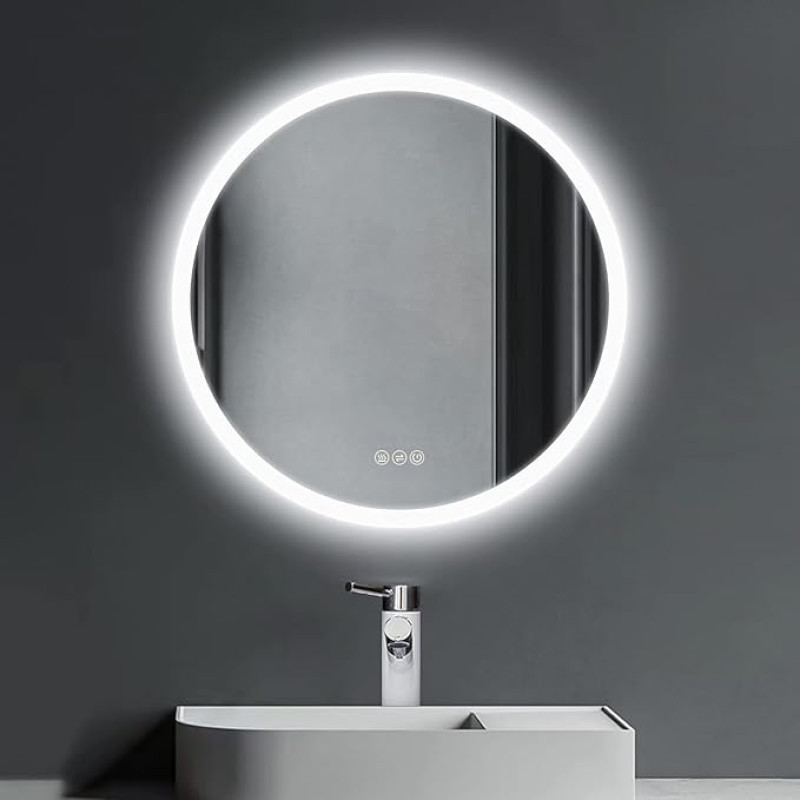 ICYWANG 50cm Round LED Bathroom Mirror Touch Sensor Demister Pad Wall Mounted Illuminated Mirror Energy Saving IP54
