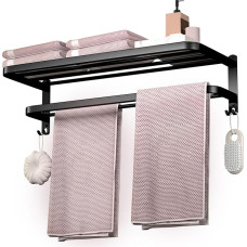 DDS-DUDES Bathroom Towel Rack Towel Rack with Double Towel Bars Toilet Wall Mount Holder with Hooks Stainless Steel Hotel Bathroom Rack (Matte Black 61cm)