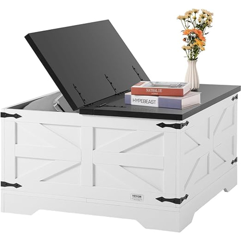 VEVOR Farmhouse Style Coffee Table, Square Coffee Table with Hinge & Large Storage Compartment, 34 kg Load Capacity, Rustic Wooden Cocktail Table for Living Room, Studio (Black+White)