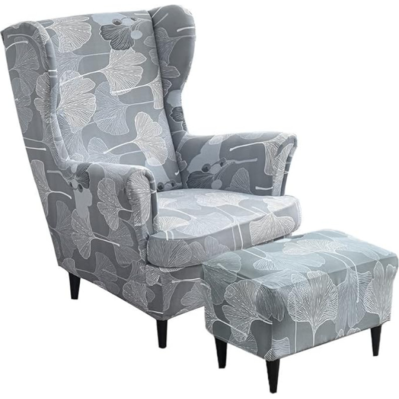 Highdi 2-Piece Wing Chair Cover with Ottoman Protective Cover, Armchair Throws, Wing Chair Protective Covers, Stretch Tiger Chair Cover with Armrest, High Backrest (Ginkgo Biloba)