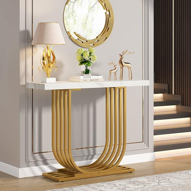 Tribesigns Modern Console Table with Gold Base 100cm Artificial Marble Entrance Table Siauras sofos akcento stalas su geometrinėmis metalinėmis kojomis, skirtas svetainei, prieškambariui, įėjimui