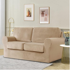 OKYUK Stretch Velvet Sofos užvalkalai su atskiromis pagalvėlėmis ir atlošais su elastiniu reguliavimo dirželiu (smėlio spalvos, 2 sėdimų vietų, 5 dalių)
