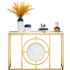 Itin ilgas marmurinis konsolinis stalas su atvira lentyna Metalinis prieškambario stalas svetainei 80 cm baltos spalvos apdaila