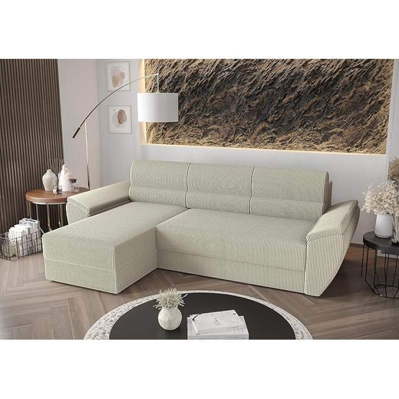 ALTDECOR REBL-L2-251 x 140 x 88 cm Corner Sofa with Sleep Function and Bed Box, Upholstered in L-Shape on the Left, Backrest Padded, Ideal as a Guest Bed, White
