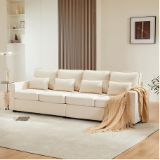 EASTALOLOLO Šiuolaikinė 4 vietų sofa su miego funkcija, poilsio sofa, smėlio spalvos, keturių vietų sofa su porankiais ir 4 pagalvėlėmis, sofa-lova svetainei, namams, biurui (smėlio spalvos)