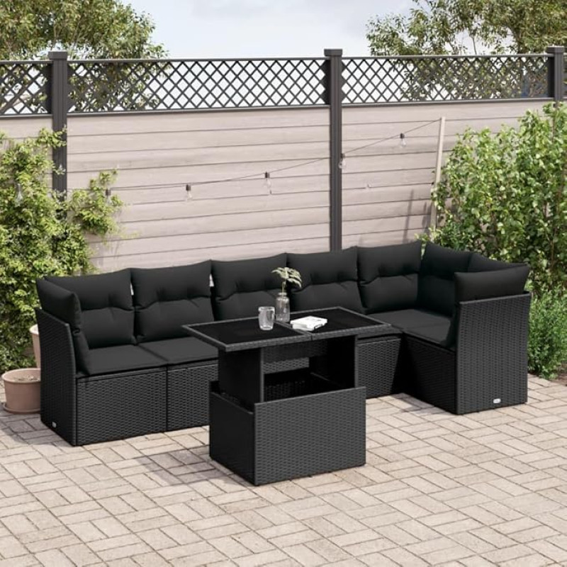 Homgoday Set Schlafsofa, Gartensofa-Set mit Kissen, 7-teilig, schwarz, Polyrattan, Schlafsofa, Wohnzimmer, Gartensofa-Set, moderne Sofas für den Außenbereich, Möbel x1