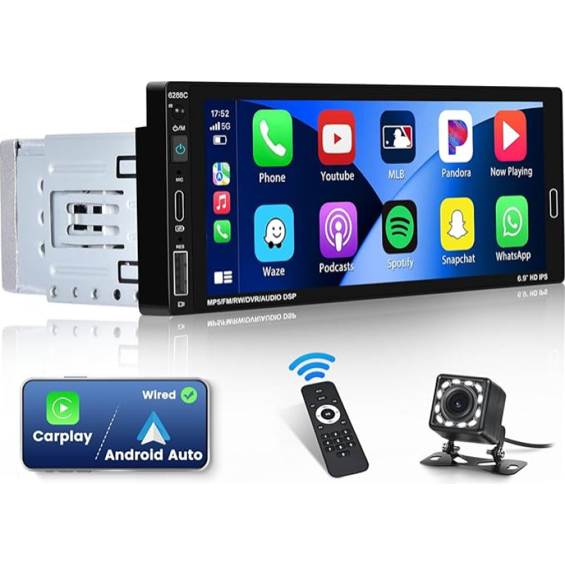 Hikity 1 Din Autoradio 6.86 Zoll Touch Display Wired Carplay Android Auto Radio mit Bluetooth Freisprecheinrichtung FM Mirror Link EQ/USB/SWC/4LED HD Rückfahrkamera