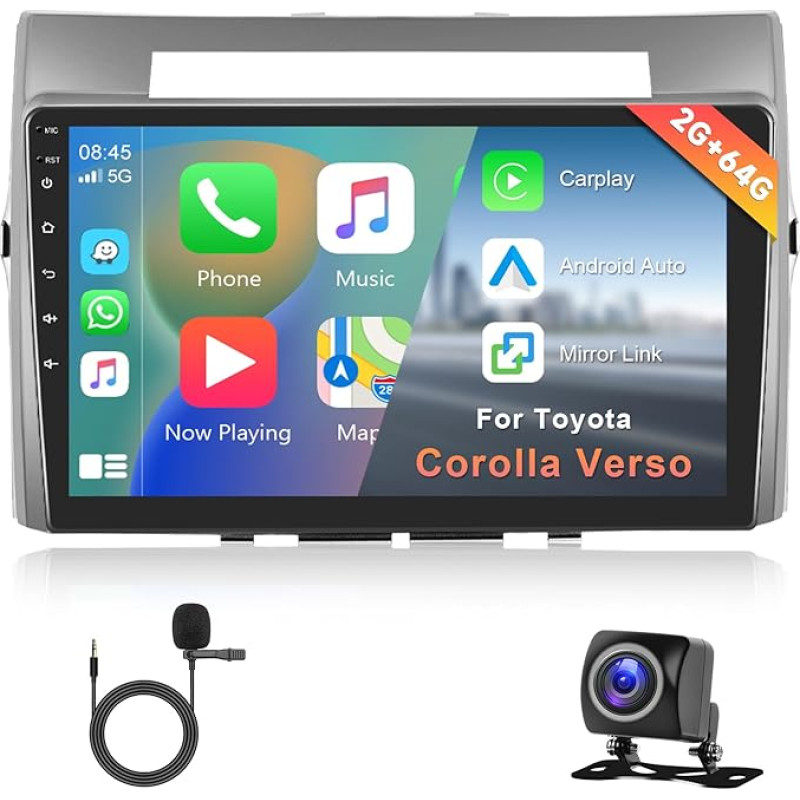 Hodozzy 2G + 64G Android automobilinis radijas Toyota Corolla Verso 2004-2009 Belaidis Carplay Android automobilis, 9 colių jutiklinis ekranas su GPS WiFi Bluetooth Mirrorlink HiFi FM RDS Canbus su atbulinės eigos kamera