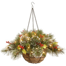 National Tree Company Artificial Christmas Flocked Hanging Basket with Mixed Decorations and LED Lights Winter Pine - 20