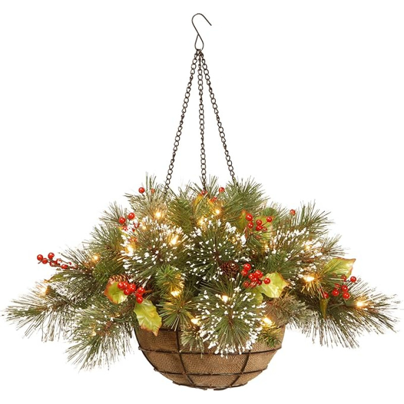 National Tree Company Artificial Christmas Flocked Hanging Basket with Mixed Decorations and LED Lights Winter Pine - 20