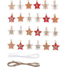 Rayher 46719000 Wooden Advent Calendar Numbers, Wooden Pegs with Star, 4 x 4.8 cm, Numbers for Advent Calendar 1-24, Star on Clip, with Cord