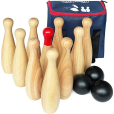 Lawn, Bowling, Hardwood, 10 Pins & 3 Balls in a Carry Bag (23cm High, Natural)
