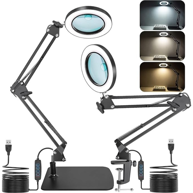 Jubor 2-in-1 Magnifying Glass with Light and Stand, 15 x 10 x LED Magnifying Lamp with Clamp and Base, Desk Lamp with 3 Colour Modes, Dimmable, LED Magnifying Lamp for Hobby Crafts, Workplace Lamp,
