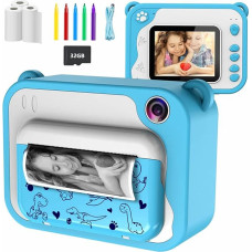 Children's Digital Camera Instant Camera Print 1080P 2.4 Inch Screen Video Camera Black and White Photo Camera with 32GB Card, 3 Rolls of Printing Paper, 5 Colours Brush Pen Gift