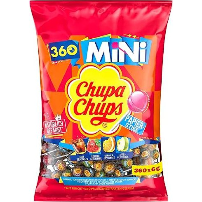 Chupa Chups Mini Classic Lollipop Bag Contains 360 Mini Lollipops in 4 Flavours Cola, Orange, Strawberry & Apple 360 x 6g