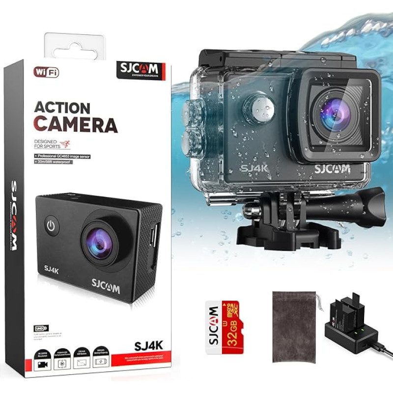 SJCAM SJ4000 veiksmo kamera 4K30fps WiFi kamera, 40MP Ultra HD 170°FOV su ledo vaizdo stabilizavimu, 30 m / 98 pėdų vandeniui atspari povandeninė kamera su 2 baterijomis, 32G SD kortele ir šalmo laikikliu