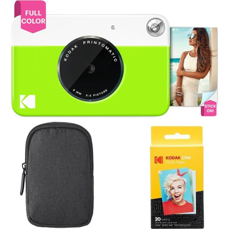 KODAK Printomatic Sofortbildkamera (Grün) Basis-Paket + Zinkpapier (20 Blätter) Etui + Bequemer Halsriemen