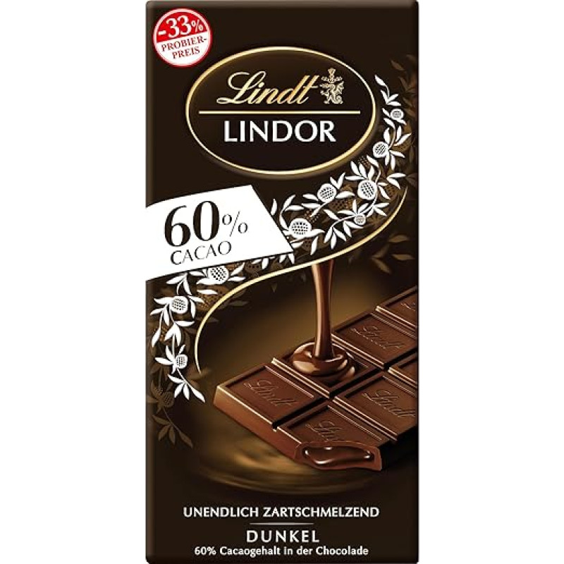 Lindt Chocolate LINDOR 60% Cocoa, Promotion | 100 g Bar | Bitter Chocolate with an Infinitely Delicate Melting Filling | Chocolate Bar | Chocolate Gift, 2023 Version