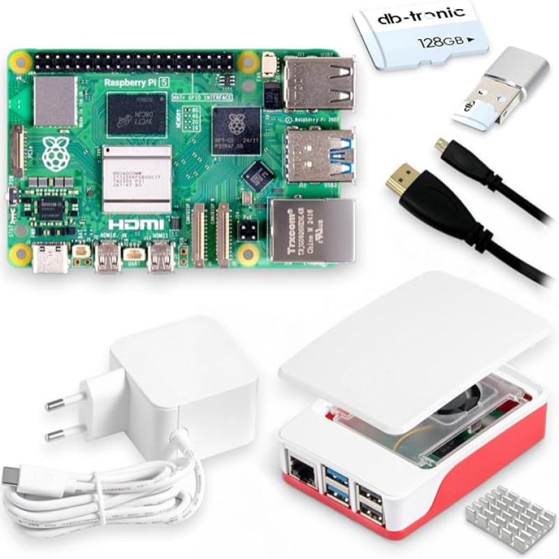 Raspberry Pi 5 8GB Starter Kit | 128GB microSD | Official 27W Power Supply | Official Case with Fan | 4K Micro HDMI Cable 1 m | Aluminium Heatsink