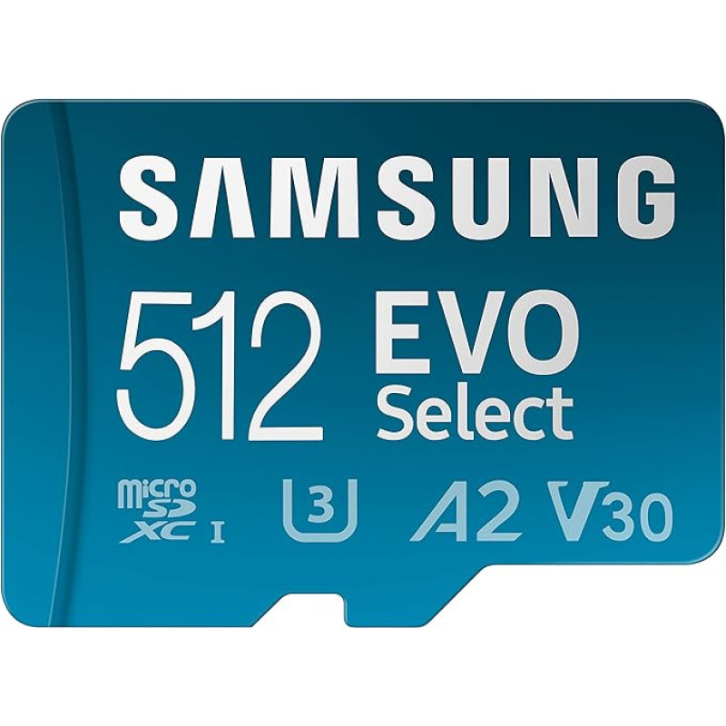 Samsung EVO Select (2024) microSD Card + SD Adapter, 512 GB, Memory Card for Smartphone and Tablet, UHS-I U3, 4K UHD, Full HD, 160 MB/s Read, MB-ME512SA/EU