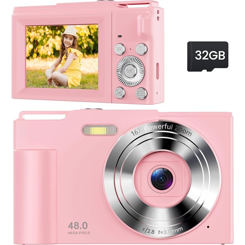 Vaikiškas skaitmeninis fotoaparatas, 48 MP skaitmeninis fotoaparatas, 1080P FHD, 16X skaitmeninis priartinimas, kompaktiškas mini fotoaparatas su 2,8 LCD monitoriumi, fotoaparatas su 32 GB kortele, fotokamera su akumuliatoriumi, rožinis skaitmeninis fotoa