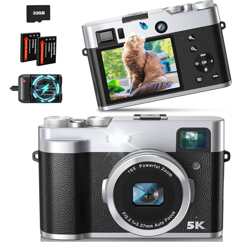 5K skaitmeninis fotoaparatas su dvigubu objektyvu 48MP fotoaparatas Skaitmeninis fotoaparatas su vaizdo ieškikliu Automatinio fokusavimo blykstė Šviesa Selfie fotoaparatas Kompaktiškas fotoaparatas su 32G kortele ir įkrovikliu Vaizdo dienoraščio kamera Fo