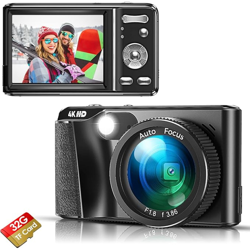 Hojocojo skaitmeninis fotoaparatas, 4K 48MP automatinio fokusavimo fotoaparatas su 32 GB atminties kortele, 18 kartų skaitmeninis priartinimas, kompaktiškas fotoaparatas, 3,0 colių IPS ekranas paaugliams, pradedantiesiems, suaugusiesiems