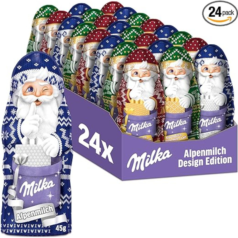 Milka Santa Claus Alpine Milk Design Edition 24 x 45 g I Chocolate Santa Claus Bulk Pack I 3 Different Designs I Christmas Chocolate Made from 100% Alpine Milk