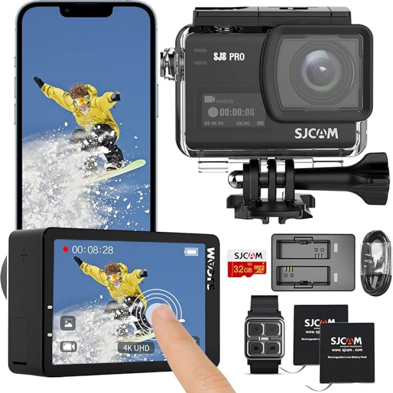 SJCAM SJ8Pro veiksmo kamera 4K 60 kadrų per sekundę, 2,33 colių jutiklinis ekranas, veiksmo kamera 170° FOV, 8X priartinimas, šešių ašių IS, povandeninė 40M vandeniui atspari kamera su 32G SD kortele ir rinkiniais