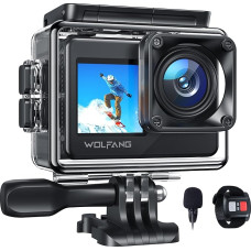 WOLFANG GA120 Action Cam 4K 20MP WiFi kamera, povandeninė kamera, 40 m vandeniui atspari kamera, 170° plataus kampo dvigubo ekrano vaizdo kamera su ledo vaizdo stabilizavimu, šalmo tvirtinimo priedų rinkiniai