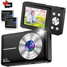 Skaitmeninis fotoaparatas 1080P 44MP Fotoaparatas Kompaktiškas fotoaparatas Skaitmeninis fotoaparatas su 16x priartinimu, 32 GB kortele, 2 baterijomis 2,4 colių LCD ekranas Skaitmeniniai fotoaparatai paaugliams pradedantiesiems berniukams mergaitėms (juod