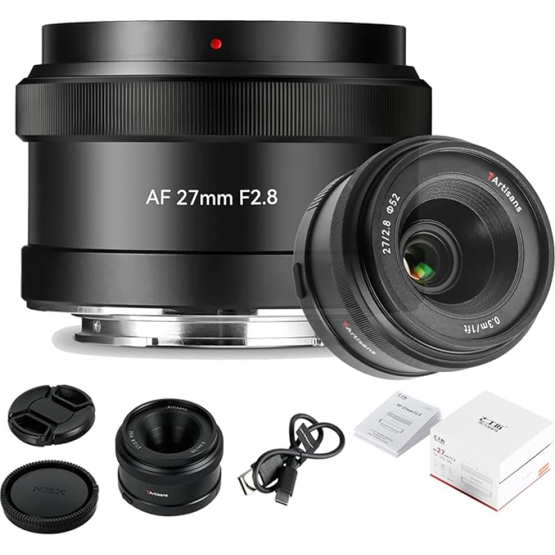 7artisans AF 27 mm F2.8 automatinio fokusavimo objektyvas, plataus kampo APS-C žavus automatinio fokusavimo fotoaparato objektyvas, skirtas nuostabiai fotografijai (E laikiklis A5 A6 A6 A7 FX A9 ZV-E, juodas)