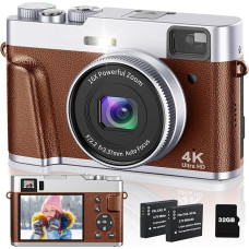 CAMKORY 4K Digitalkamera 48MP Fotokamera su 32G kortele Autofokus Optischer Sucher 16X Zoom Kamera Fotokamera Fotoaparatas Kompaktkamera su 2 akiniais Kameratasche Blitz für Anfänger Jugendliche (Braun)