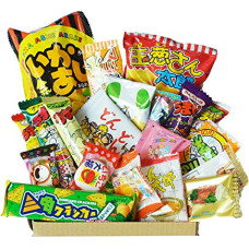 Happy Dagashi Box 20pcs ver.2 Japanese Candy Assortment Umaibo Snack Potato Chip Gumi Squid Chocolate with AKIBA KING Sticker