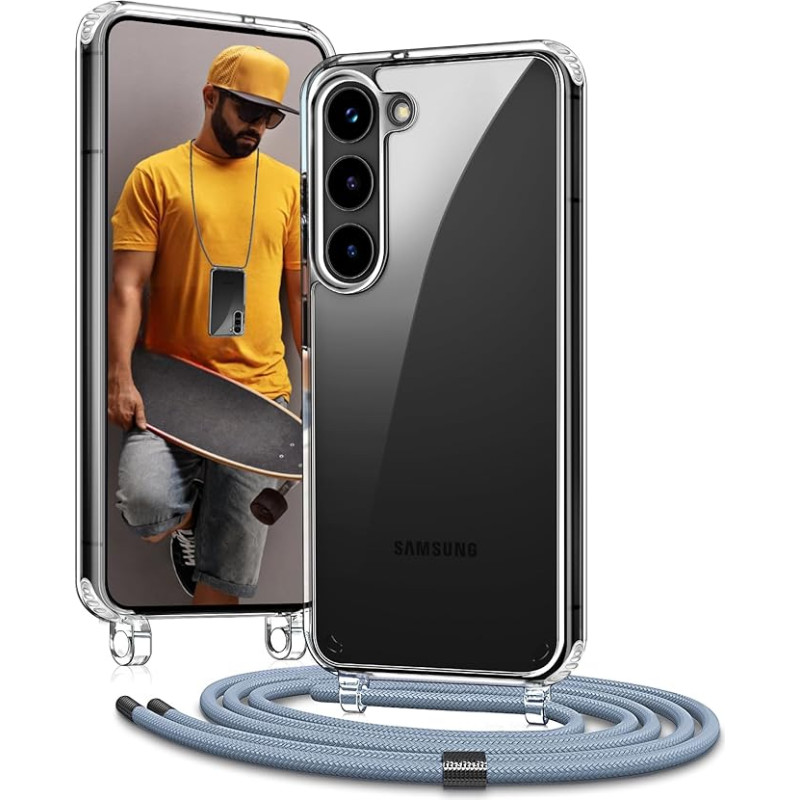Vaykwo Mobile Phone Chain for Samsung Galaxy S24 6.2 inch, Case with Strap, Necklace Mobile Phone Case, Transparent Case for Hanging with Camera Protection and Screen Protector, Blue