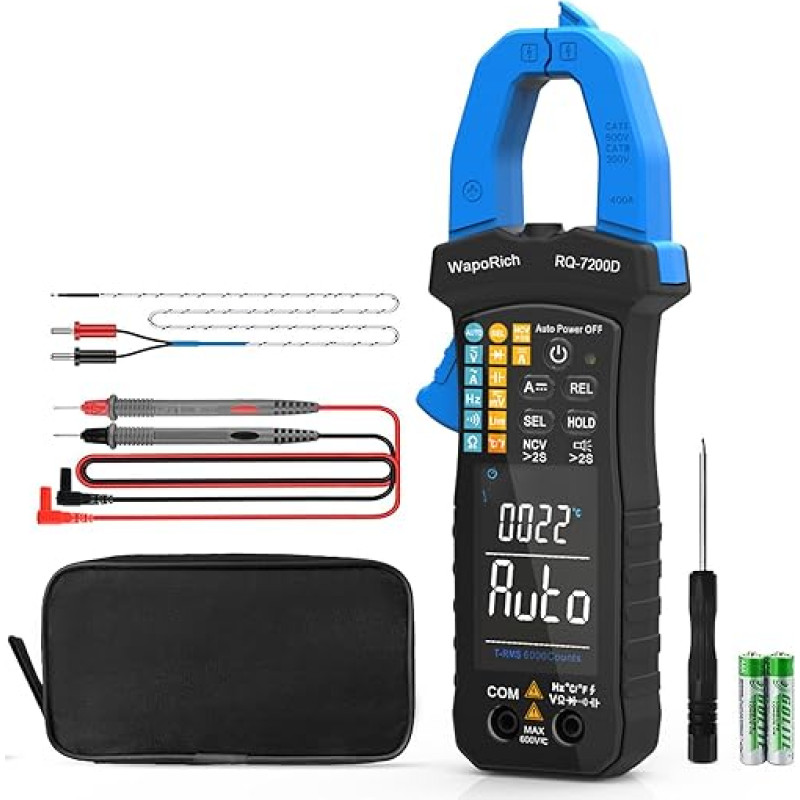 Digital Clamp Meter TRMS 6000 Counts Multimeter, WapoRich Ammeter Voltmeter Tester with Auto Range NCV Measures AC DC Voltage Current Resistance Continuity Capacity Diodes Temp Frequency RQ-7200D