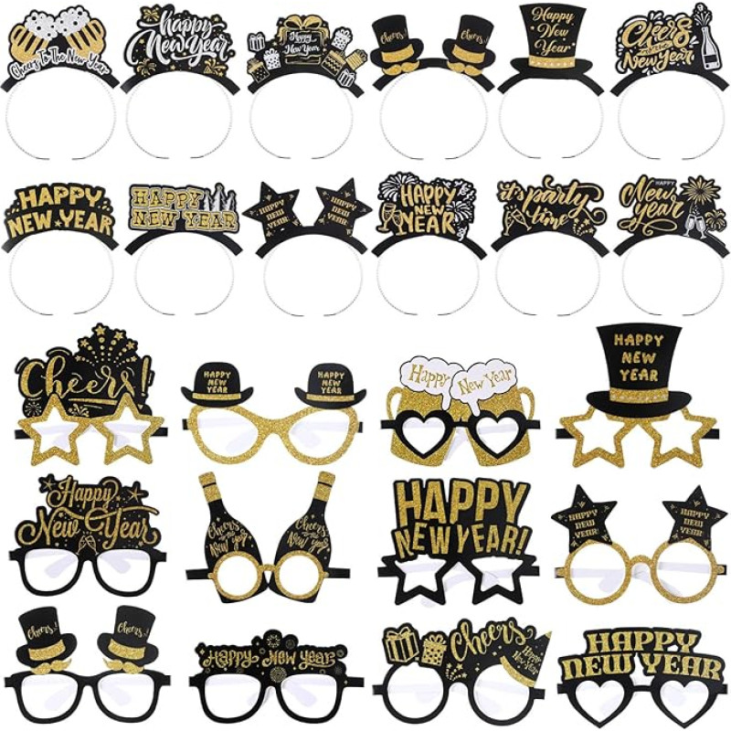 Harrycle Pack of 48 Happy New Year Party Gifts 2024 Including 24 Pieces New Year Glasses 24 Pieces New Year Headbands Black Headdress with Glitter Gold Glasses New Year's Eve Party Decoration