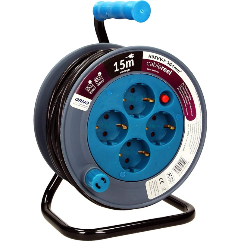 Orno AE-1339 Mini Cable Reel 15 m with 4 Sockets, Metal Stand and Thermal Protection, 2300 W / 10 A, 230 V ~, 50 Hz, 18 x 24.5 x 14 cm (Blue)