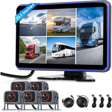 Skaitmeninė laidinė atbulinės eigos kamera 5 kamerų rinkinys su 10,1 colio IPS monitoriumi ir 5 m + 15 m kabeliu, atbulinės eigos kamera IP68, atspari vandeniui, naktinis matymas, vaizdo pasukimas, BSD, vaizdo kilpa, DVR automobilinis radijas