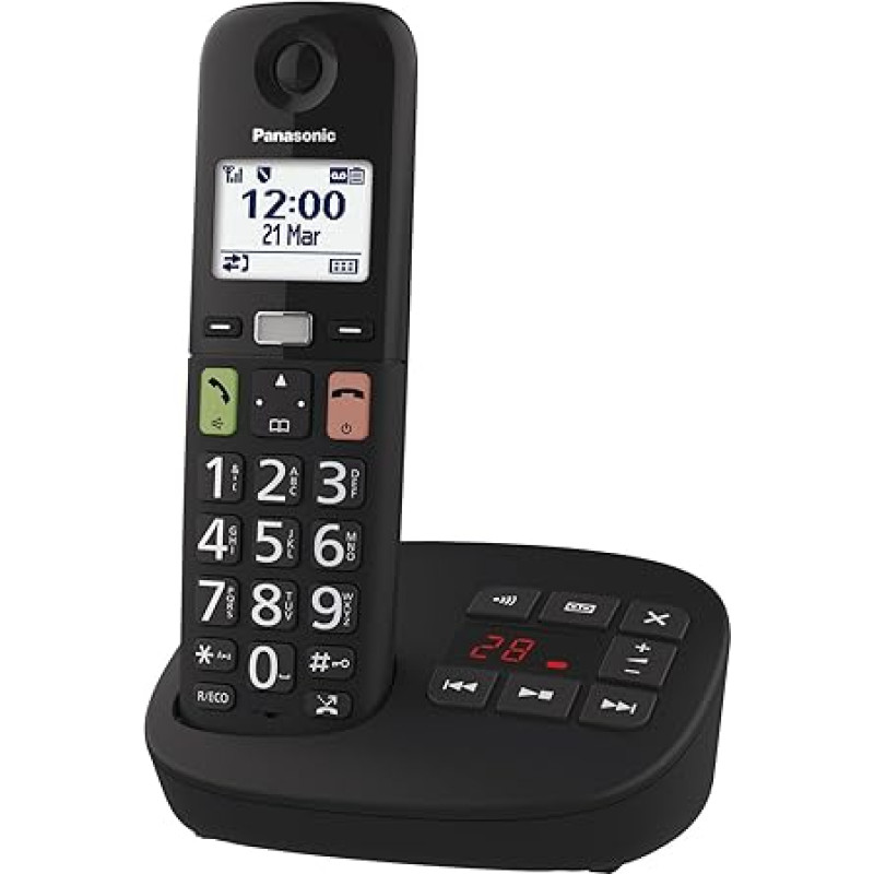 Panasonic KX-TGU130EXB Digital Cordless Phone with Answering Machine, Base Unit and 1 Handset, LCD Display, Large Buttons, Call Favorite, Hearing Aid Compatible