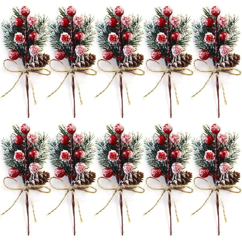 Pack of 10 Red Christmas Berry Stems 15 cm Small Artificial Pine Picks and Sprays Christmas Berry Picks with Pine Cones Holly Berry Christmas Flower Ornaments for Christmas Wreaths