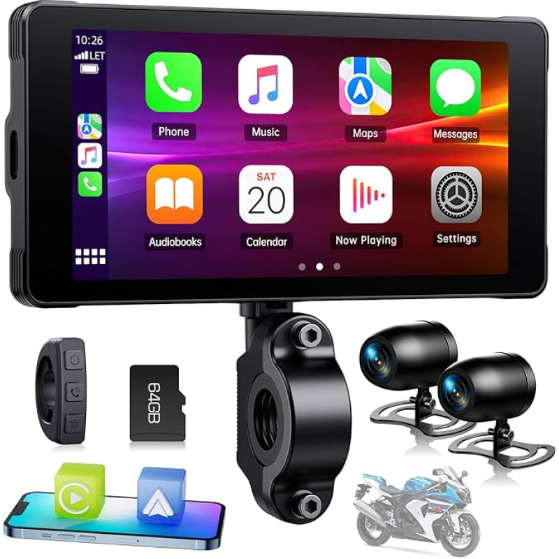 Volam Carplay Motorcycle Android Car, Portable Carplay Display with Dash Cam Front Rear 2K + 1080P for Motorcycles, 5.5 Inch Waterproof Touch Screen, Navigation, Siri/G-oogle Assistant, App, 64TF Card
