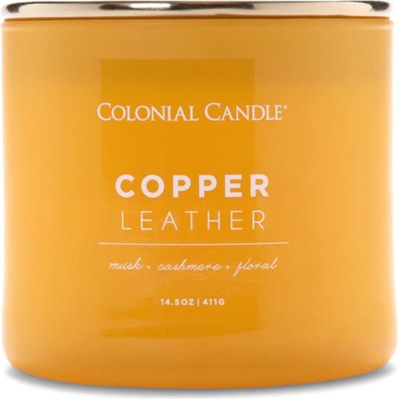 Colonial Candle Scented Candle in Glass with Lid | Copper Leather | Scented Candle Leather | Candle 3 Wick | Candles Long Burning Time up to 60 Hours | Candles Yellow (411 g)