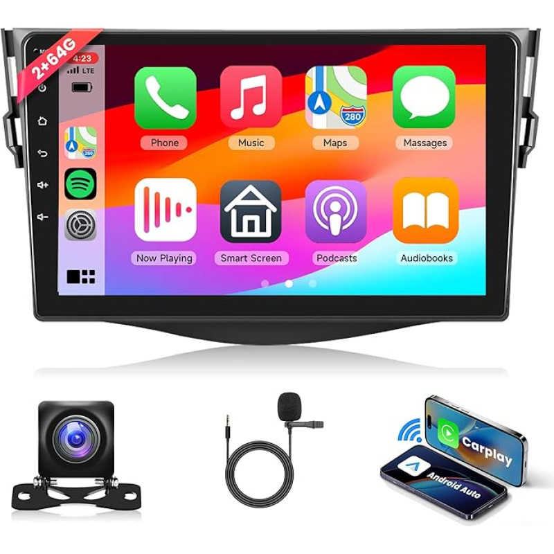 2G 64G Android 13 automobilinis radijas Toyota RAV4 2007-2012 m. 9 colių jutiklinio ekrano automobilinis radijas su belaidžiu Carplay Android automobiline navigacija GPS Mirror Link Bluetooth FM/RDS radijas WiFi USB+ atbulinės eigos kamera