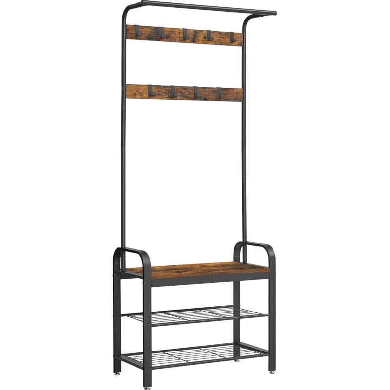 VASAGLE rūbinės stovas, rūbinė, drabužių lentyna su 9 nuimamais kabliukais, batų lentyna su sėdyne, 3 lentynos, aukštis 183 cm, metalas, kreminė HSR40W