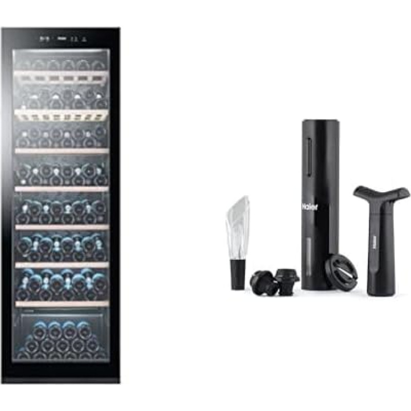 Haier WS171GA Wine Fridge + Premium Wine Opener Set / 166 Bottles / Height 185 cm / LED Display / UV-Proof Glass Panel / Anti-Vibration Compressor / Interior Lighting / Black